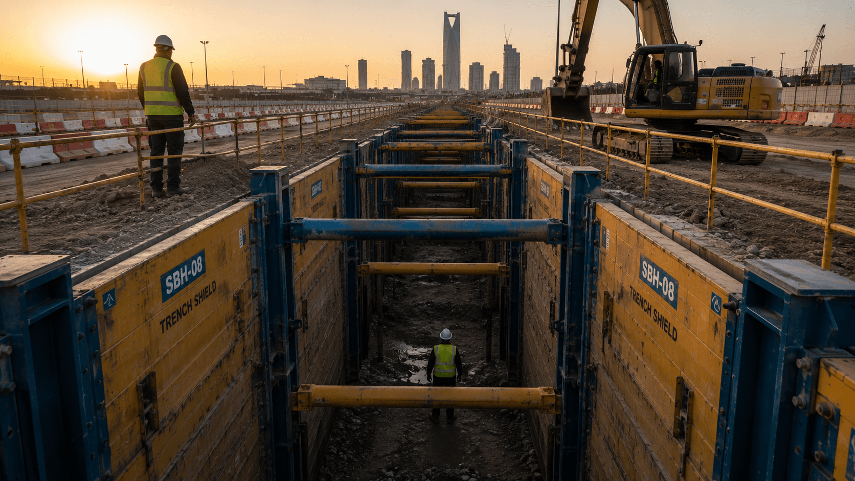 Trench shuttering safety systems and excavation protection solutions for underground construction works